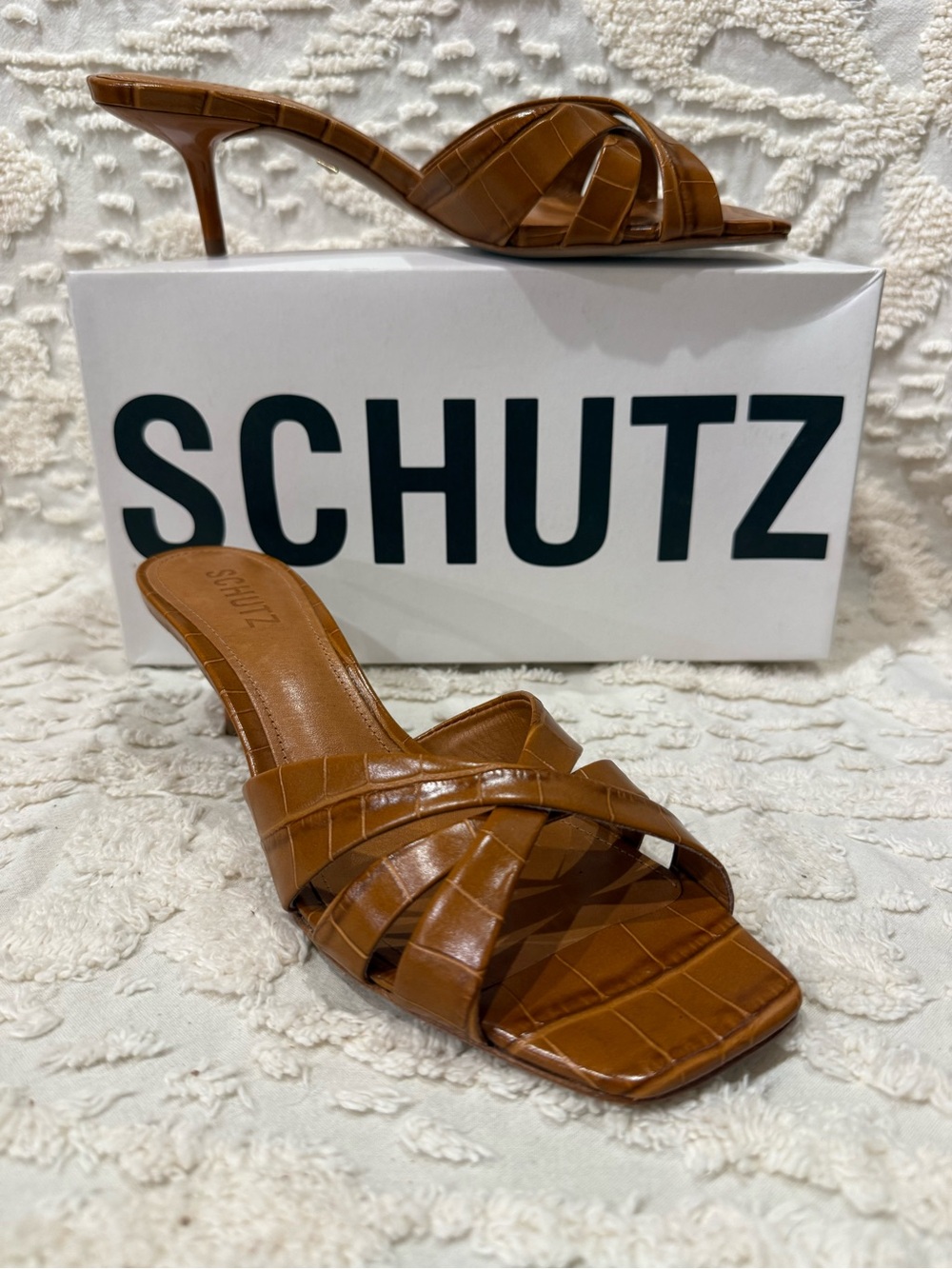 SCHUTZ Tan Croc-Embossed Woven Slide Mules
#650